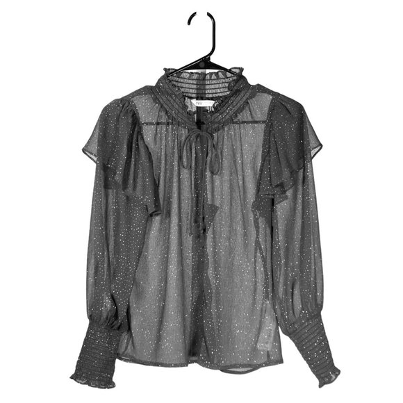 Zara Tops - Zara Women's Blouse Gray Sparkle Button Ruffle Neck Tie Sheer Long Sleeve Top XS